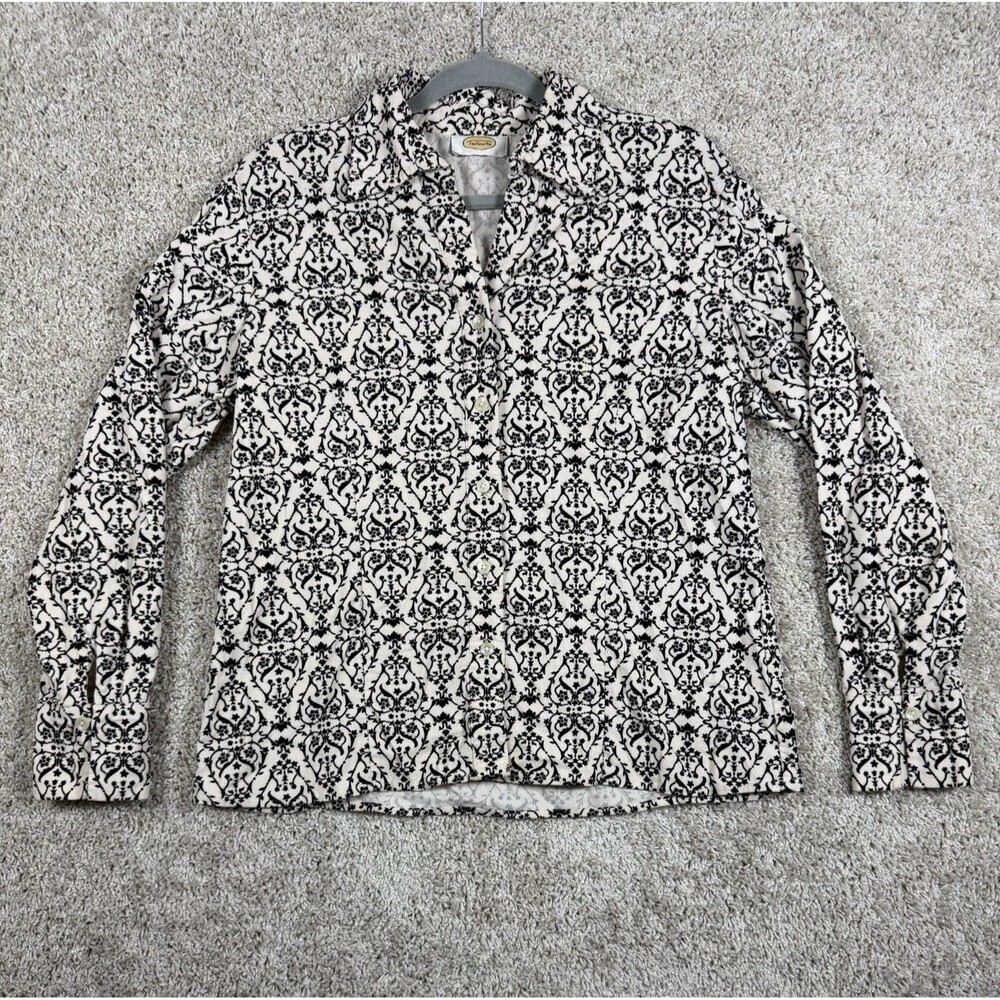 Talbots Womens M Black White Damask Button Front Blouse Long Sleeve
